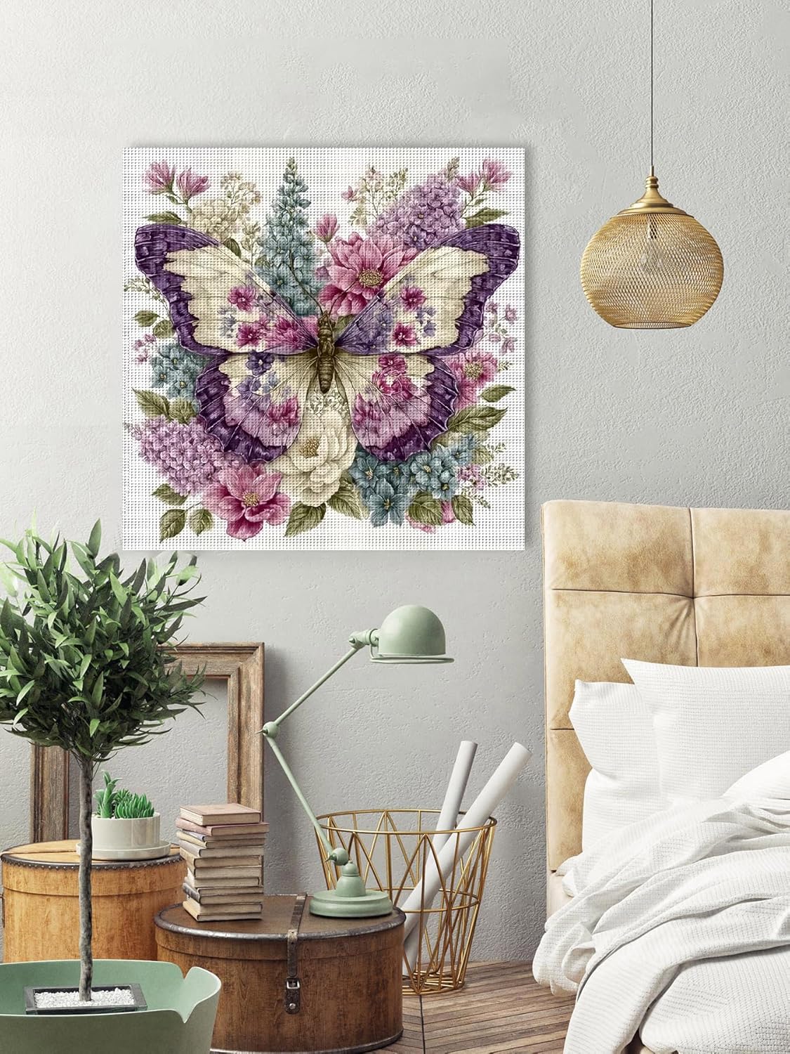Butterfly & Floral Stamped Cross Stitch Kit for Adults – 11CT Beginner Needlepoint Embroidery Set with Pre-Printed Fabric, Threads & Needles, DIY Craft Art for Home Wall Décor Gift, 14x14 Inch