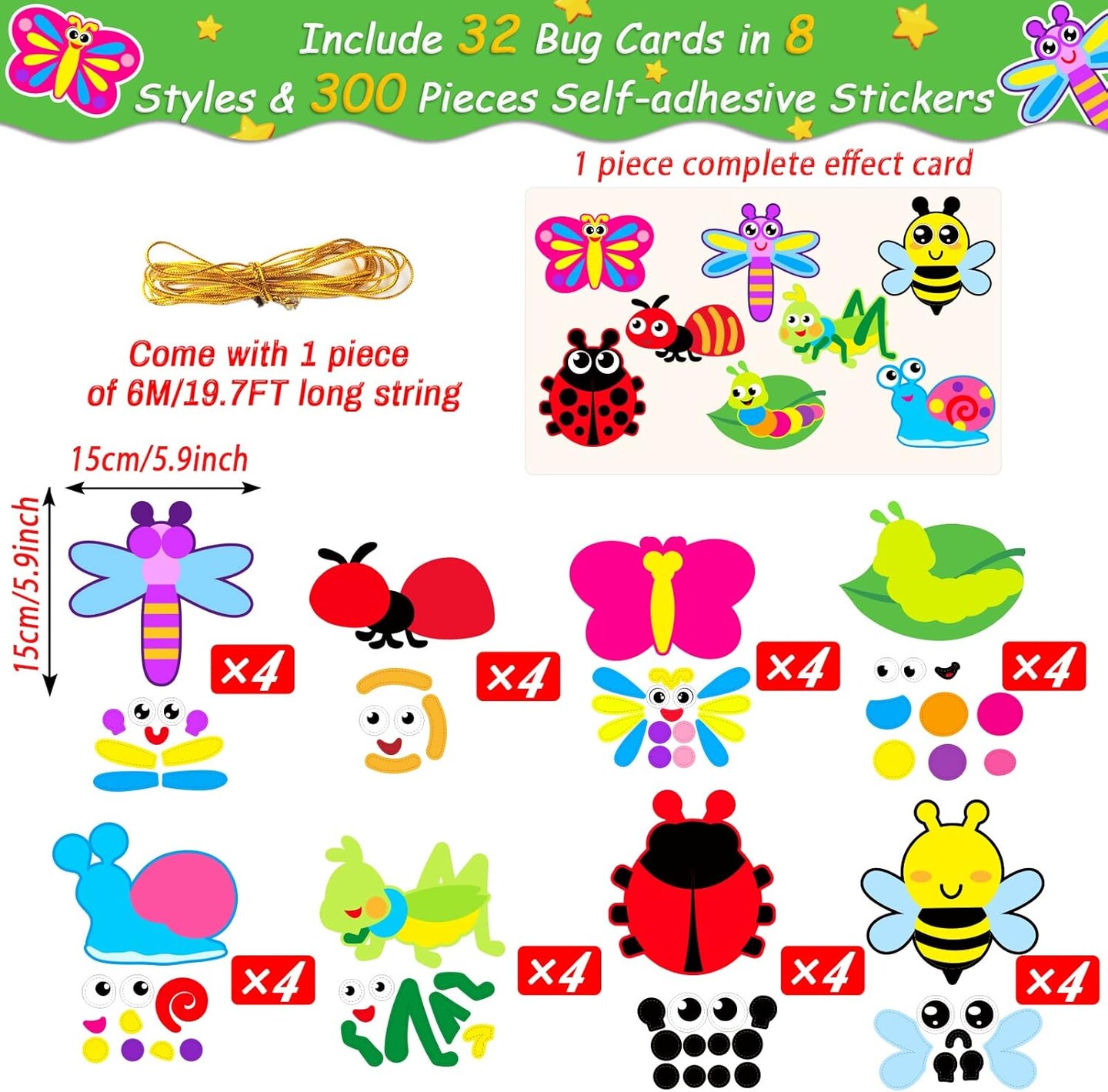32-Pack Spring Bug Craft Kits – DIY Insect, Bee, Butterfly & Ladybug Stickers for Kids, Mothers’ Day Crafts, Home Activities & Fun Learning Projects