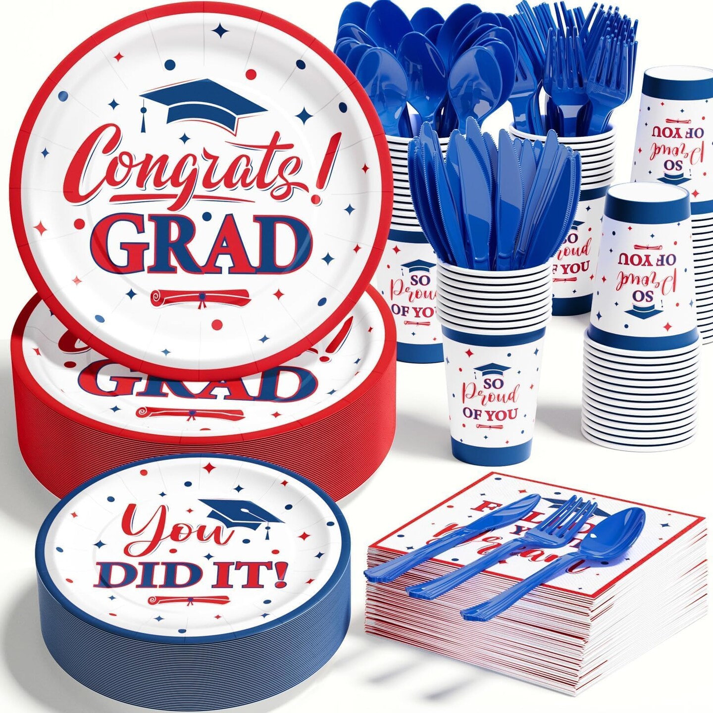 Graduation Decorations Class of 2026, 350 PCS Graduation Party Supplies College High School Grad Decor Disposable Dinnerware (Serve 50) Paper Plates Cup Napkin Fork Knife Spoon (Red & Blue)