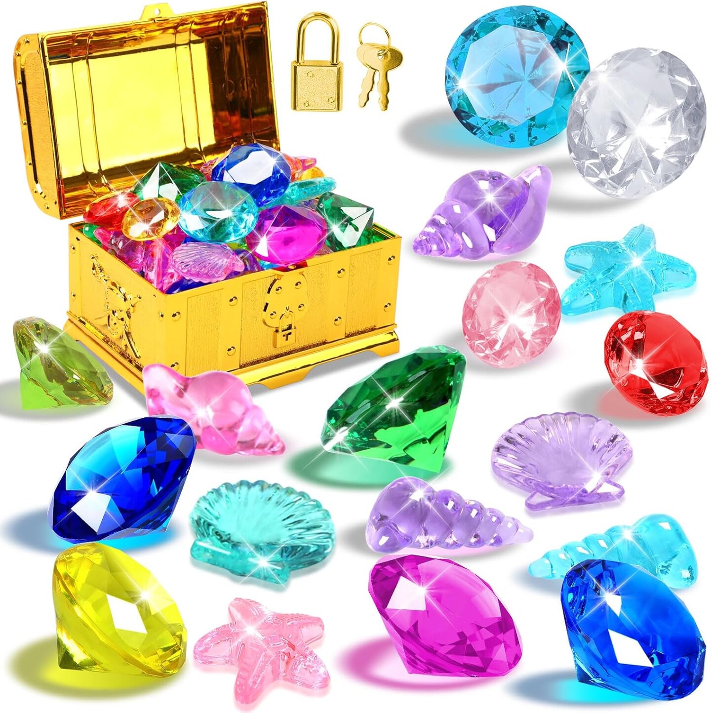 38 Pcs Summer Diving Pool Toys, 36 Big Assorted Dive Gems with Large Pirate Treasure Chest Box and Lock Acrylic Diamonds Sinking Toys for Kids Boys Girls Swimming Underwater Gift