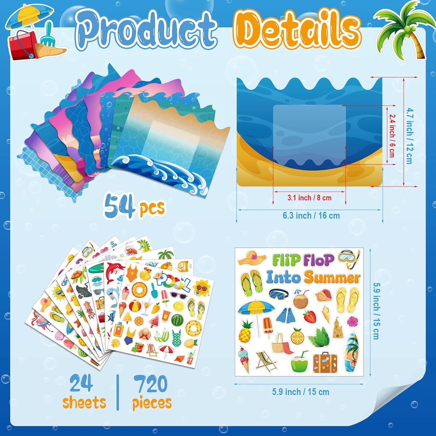 54 Packs Summer Picture Frames Craft Kit DIY Photo Frame Craft with Stickers Summer Cardboard Photo Frame Craft Under The Sea Craft Kits Game Activities Beach Pool Party Favors
