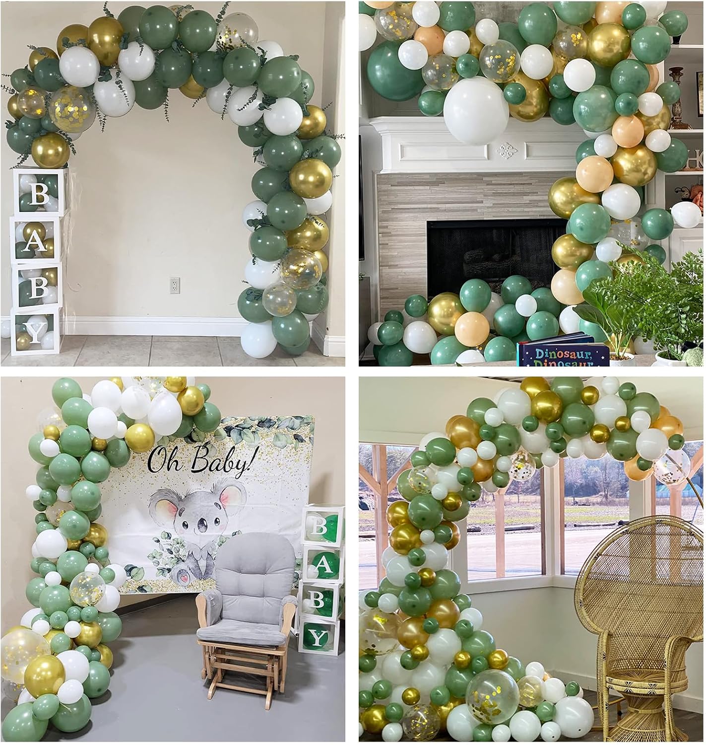 Sage Green Gold Balloons, 12 Inch Green White Metallic Gold Balloons, Green Sand White Balloons Gold Confetti Latex Balloons