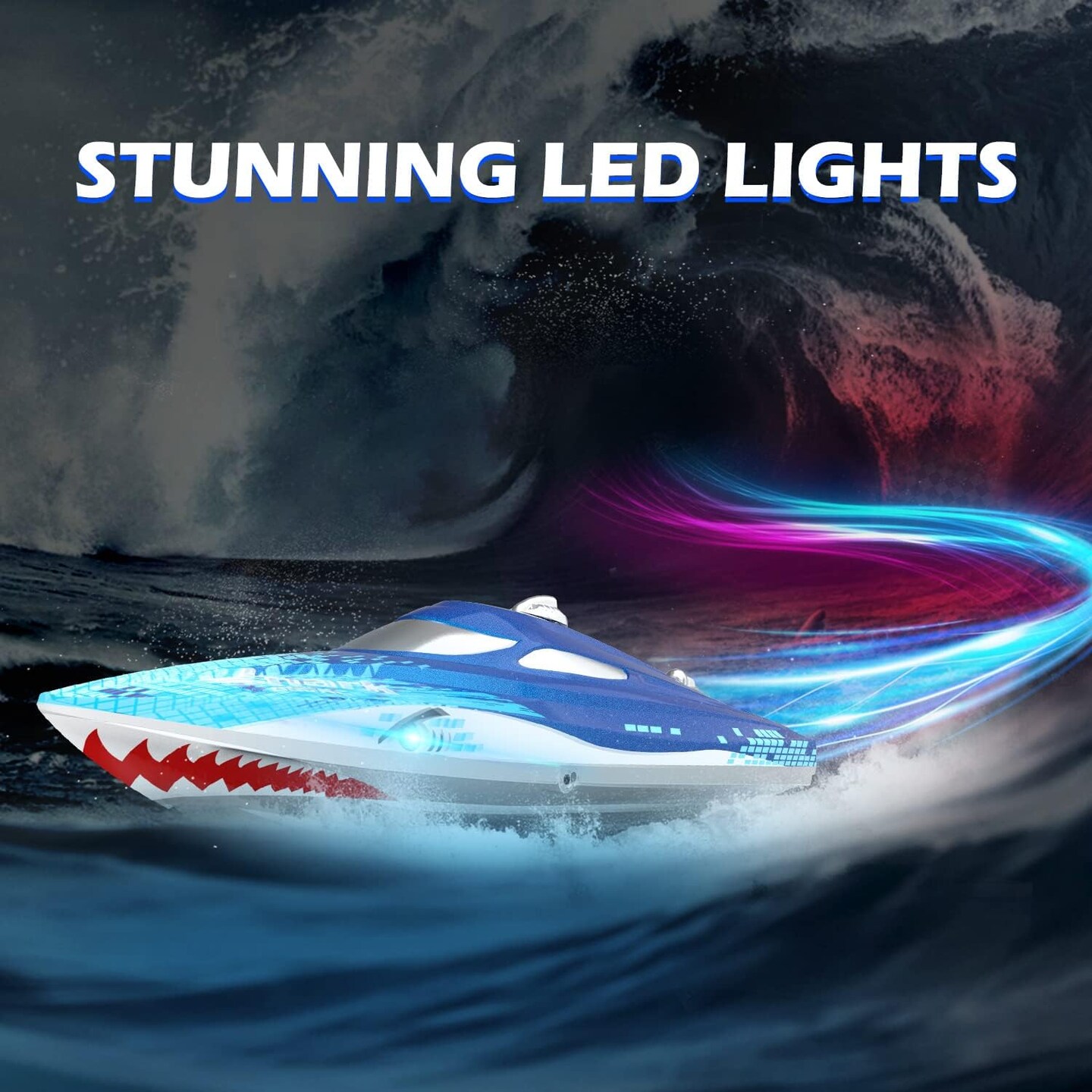 Summer Full Proportional Remote Control Boat with LED Lights, Shark Graffiti, 20+ MPH,2.4GHz High Speed RC Racing Boats for Lakes,Pool Toys for Kids &#x26; Adults