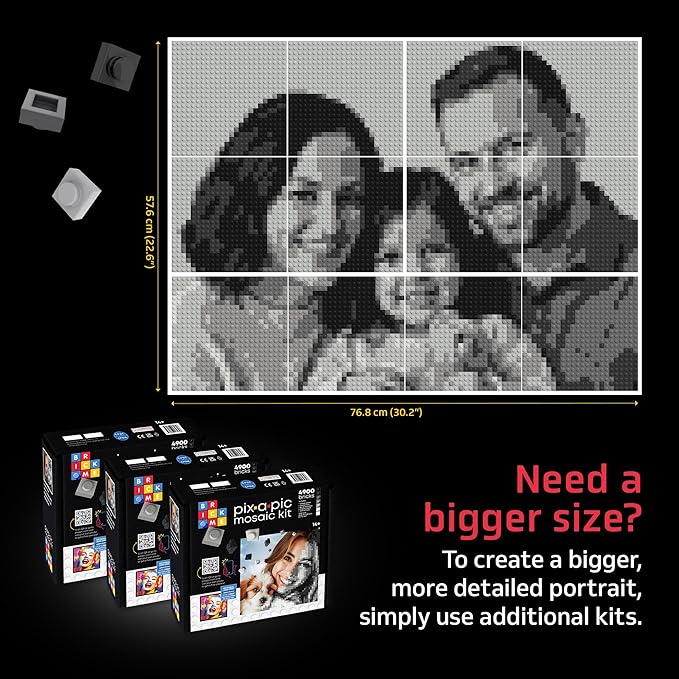 Pix-a-Pic Mosaic Kit, 4900 Bricks (15.1″ × 15.1″) | DIY Pixel Photo Mosaic with Shades of Gray, Black & White | Includes 4 Baseplates, Connector & Brick Separator