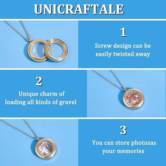Stainless Steel Memory Locket Charm Flat Round DIY Picture Photo Necklace Making Kit Chain Necklace with Crystal Double Sided Frame Glass Container Floating Charms for Lockets