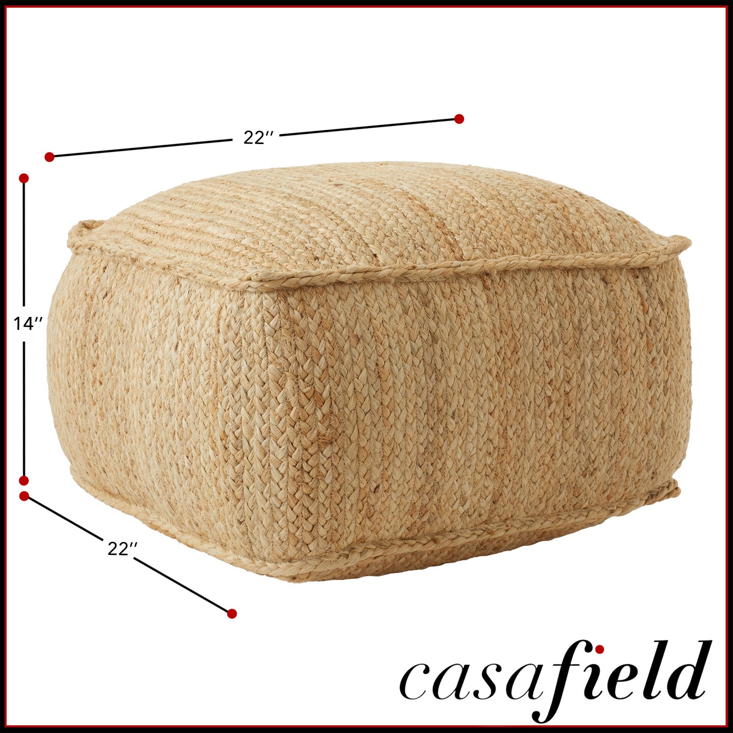 Casafield Braided Jute Pouf, Large Pouf Ottoman, 22" W x 22" D x 14" H Woven Jute Footrest, Decorative Indoor Boho Home Accent for Living Room