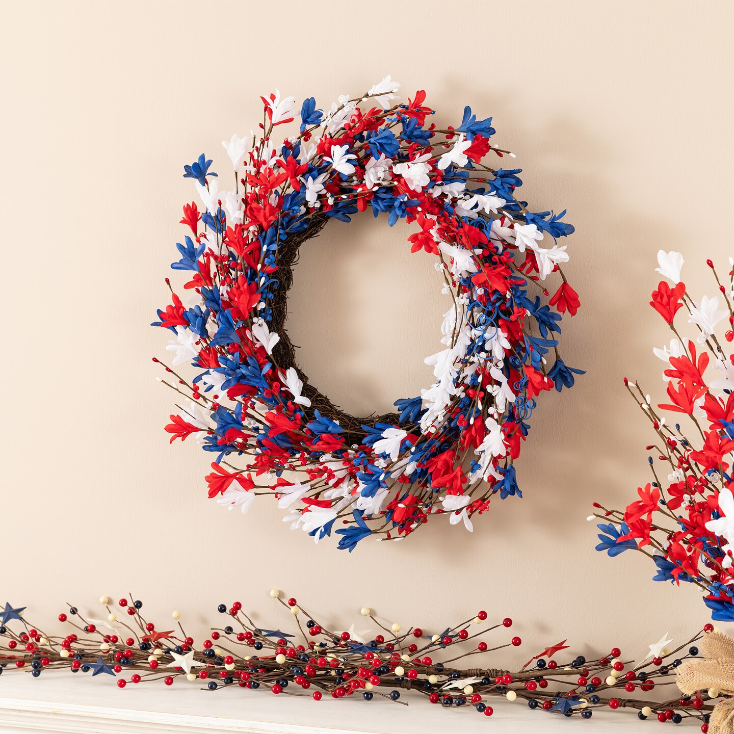 Set of 2 24"D Patriotic/ Americana Red&White&Blue Floral Wreath