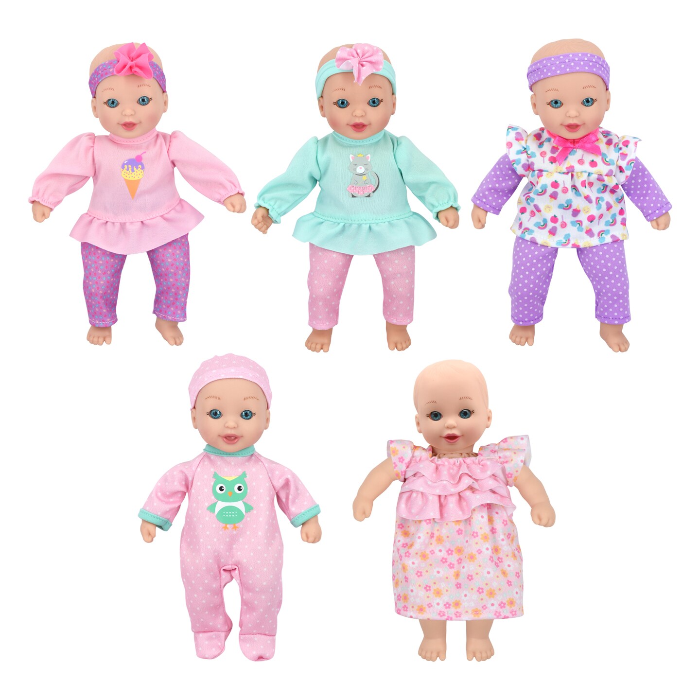 Little Darlings: 8&#x22; Little Sweeties Dolls - 5 Pack - Baby Doll Set With Stylish Pink Purple &#x26; Green Outfits, Ages 2+