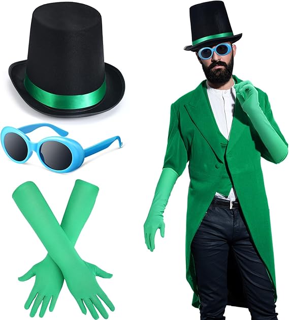 3 Pcs Halloween Costume Accessories Black Felt Costume Hat with Green Band Green Satin Long Gloves Blue Vintage Oval Goggles for Men Women Cosplay Party Dress Up