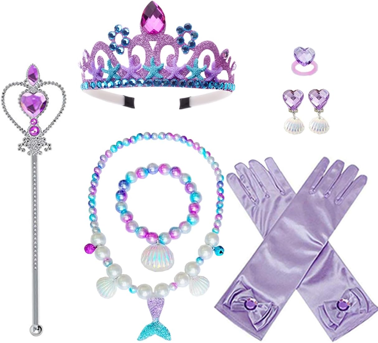 Princess Mermaid Costume Dress up Accessories for Girls Mermaid Gloves Tiara Crown Necklace Wand Earrings Bracelet Ring Princess Halloween Cosplay Accessories Christmas Gifts Set