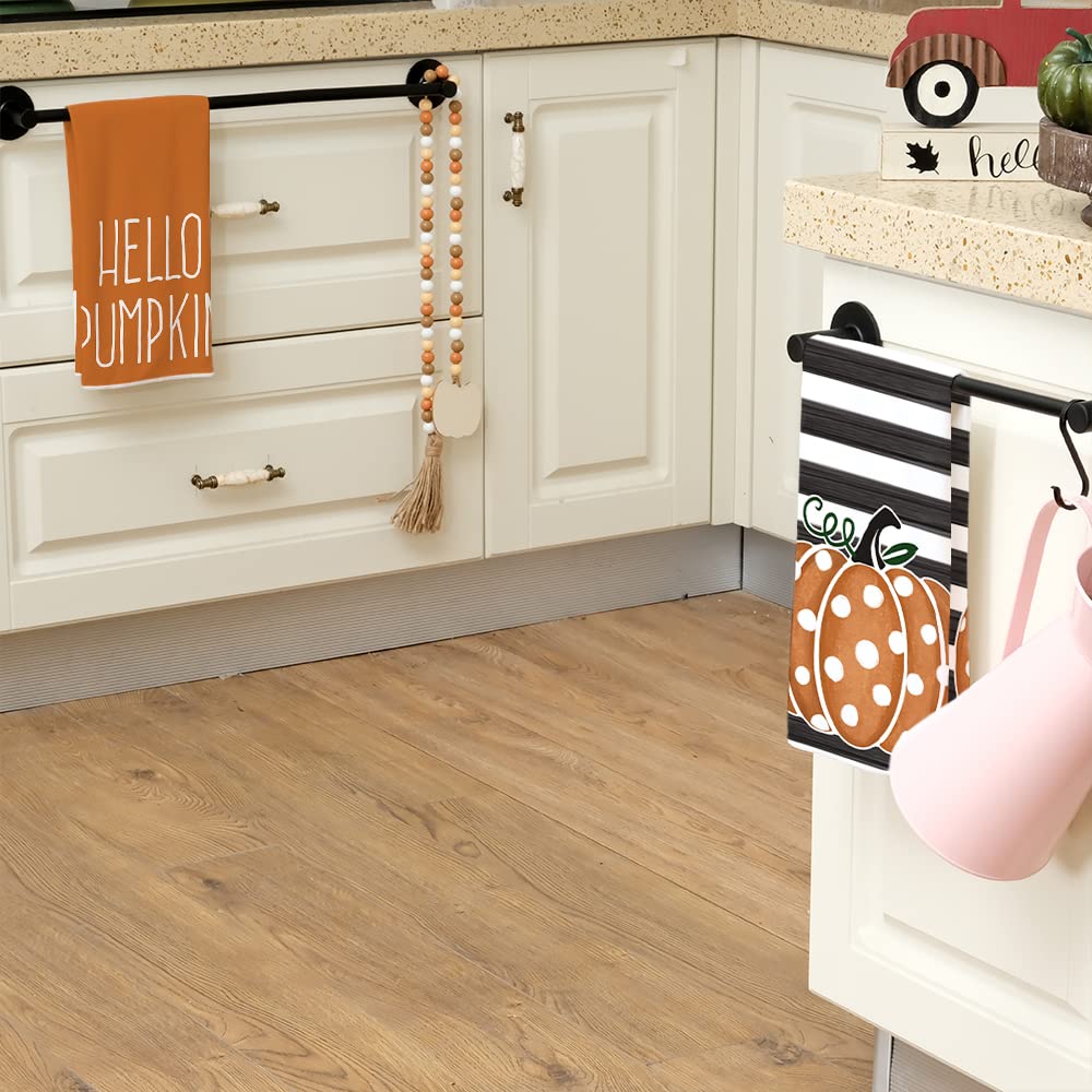 ARKENY Hello Pumpkin Fall Kitchen Towels Set of 2,Orange Polka dot Stripes Autumn Dish Towels 18x26 Inch,Farmhouse Home Indoor Thanksgiving Harvest Seasonal Vintage Decorations AD006