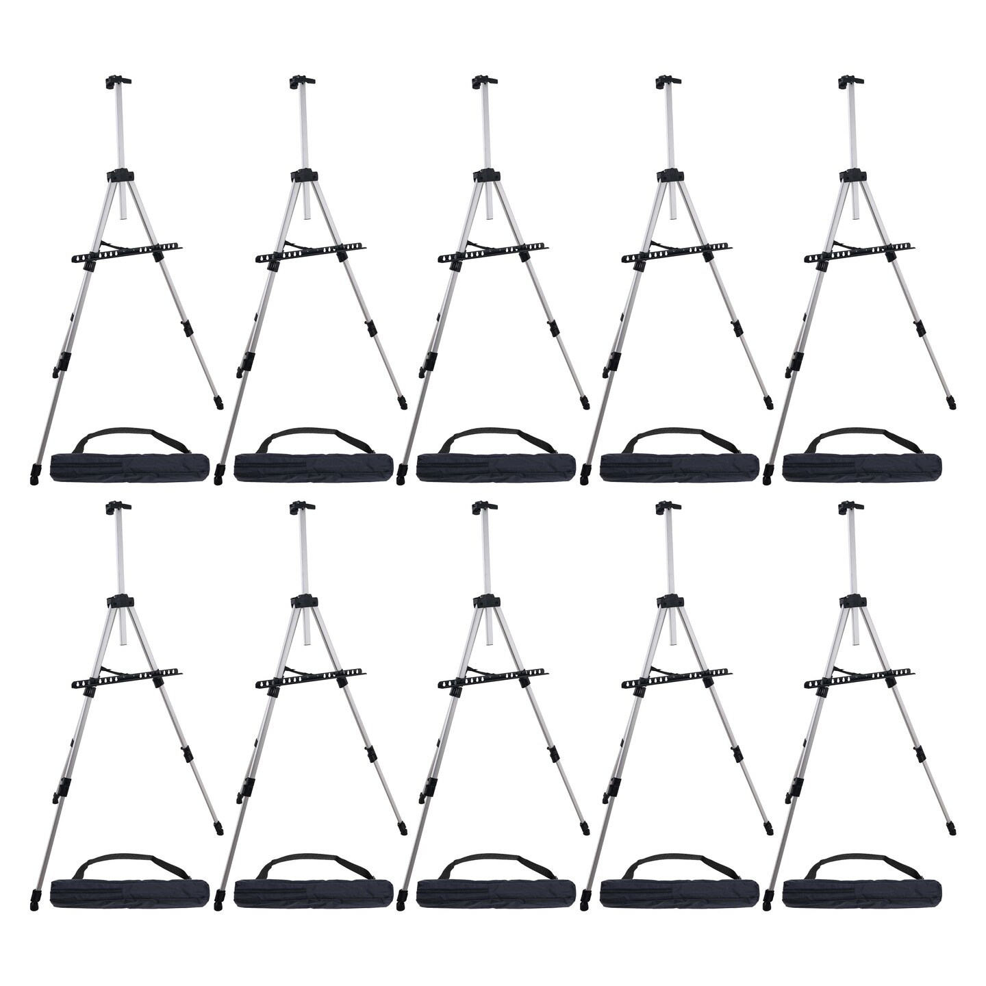 66&#x22; Sturdy Silver Aluminum Tripod Artist Field and Display Easel Stand, 10 Pack - Adjustable Height 20&#x22; to 5.5 Feet, Holds 32&#x22; Canvas - Floor Tabletop