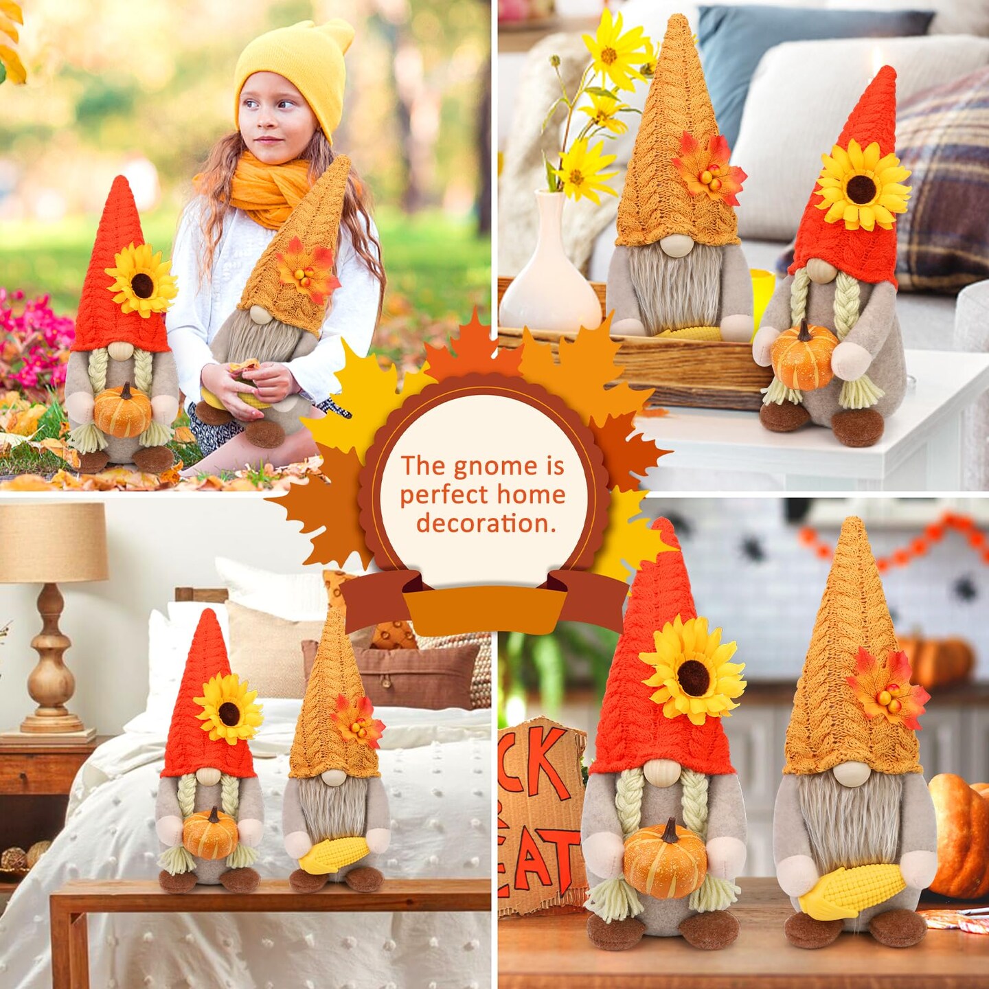 Thanksgiving Gnomes Fall Decorations for Home, 2Pack Plush Gnomes Hold Pumpkin Corn, Mr and Mrs Swedish Tomte Gnome Doll with Maple Sunflower Fall Harvest Thanksgiving Decor for Home Kitchen Table