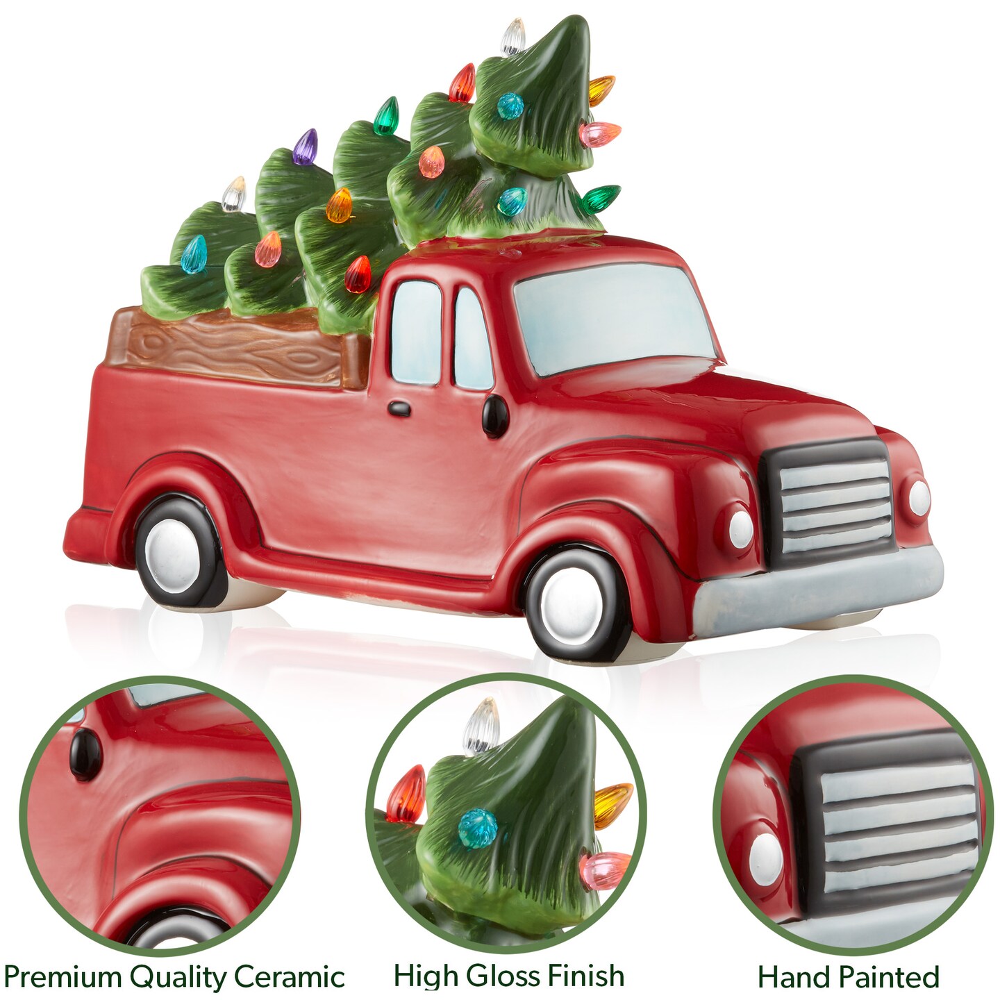 Casafield Hand Painted Ceramic Christmas Truck with Tree, Red Pre-Lit Truck with Green Tree and 20 Multi Color Lights