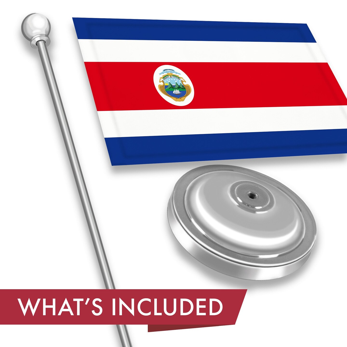 G128 Costa Rica Costa Rican Deluxe Desk Flag Set | 8.5x5.5 In | Printed 300D Polyester, with Silver Dome and Base, 15&#x22; Metal Pole, Decorations For Office, Home and Festival Events Celebration