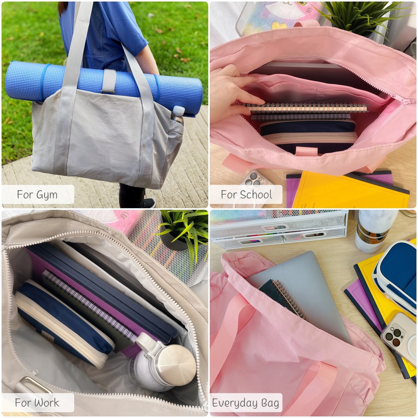 Wrapables Sporty Yoga Tote Bag, Gym, Work, Overnight and Travel Bag, Gray