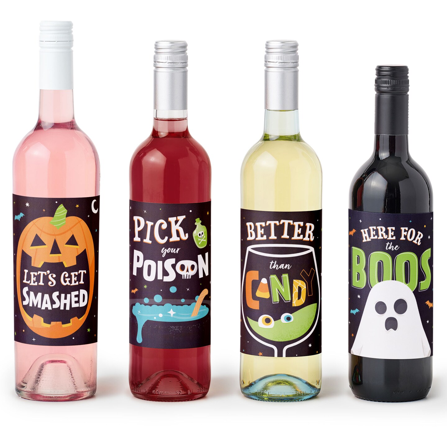 Big Dot of Happiness Here for the Boos Wine Labels, Ghost Halloween Party Decorations for Women & Men, Halloween Wine Bottle Label Stickers - Set of 4