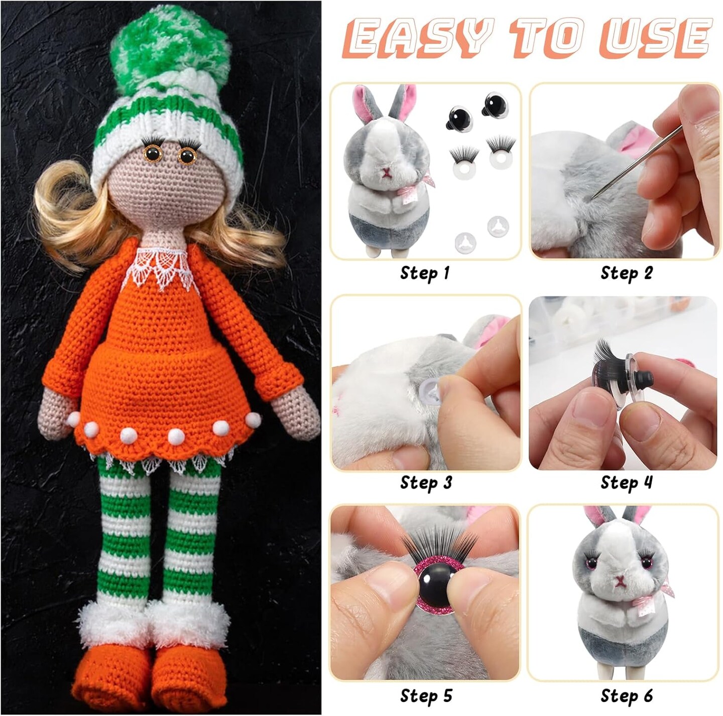 14pcs 20mm Glitter Safety Eyes for Amigurumi – Plastic Crochet Eyes with Eyelashes & Washers for DIY Dolls, Puppets, Bears & Stuffed Animals