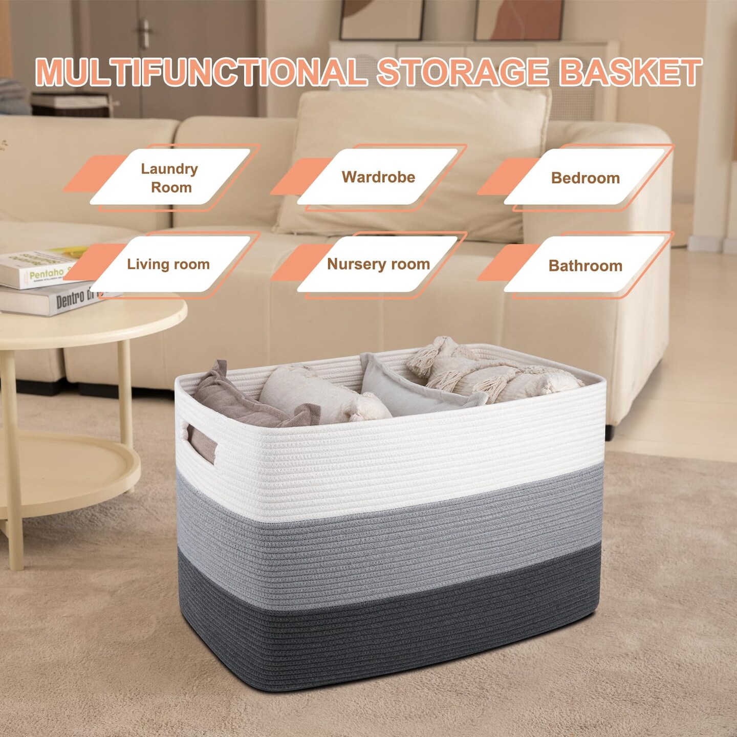 OIAHOMY 108L Super Large Blanket Basket, 25”x16”x16” Rectangle Woven Baskets for Storage, Cotton Rope Basket For Living Room, Toy Storage with Handle- Gradient Dark Grey