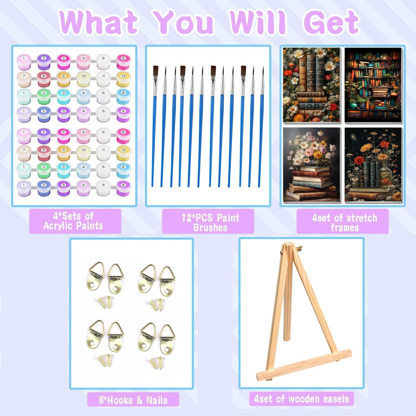 4 Pack Book Paint by Numbers Kit for Adults with Frame,12x16inch