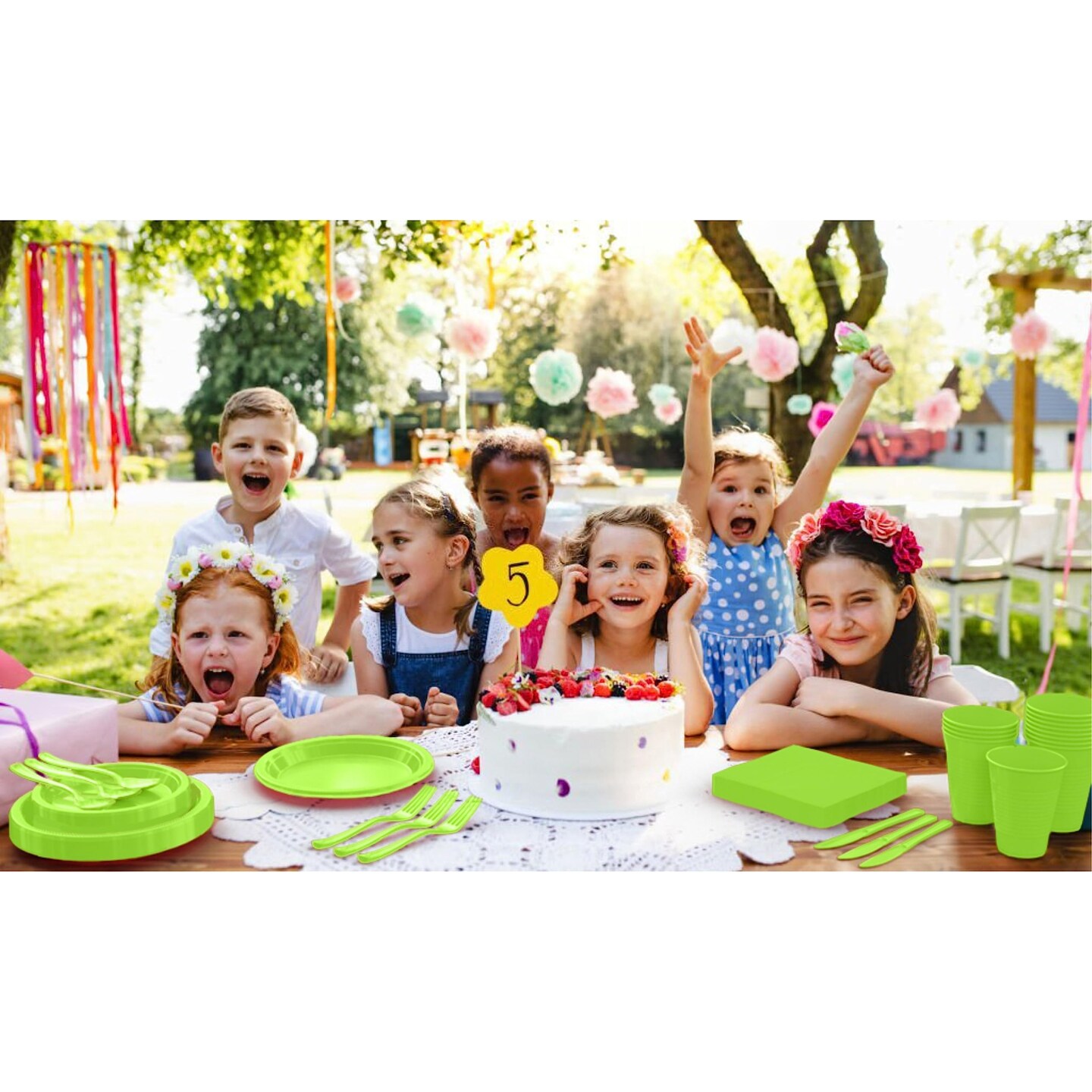 Exquisite 350 Pcs Plastic Plates for Party – Disposable Plates Set – 50 Each of 9" Dinner Plates, 7" Dessert Plates, Plastic Cups, Napkins & Plastic Cutlery – Plastic Dinnerware by Party Solids