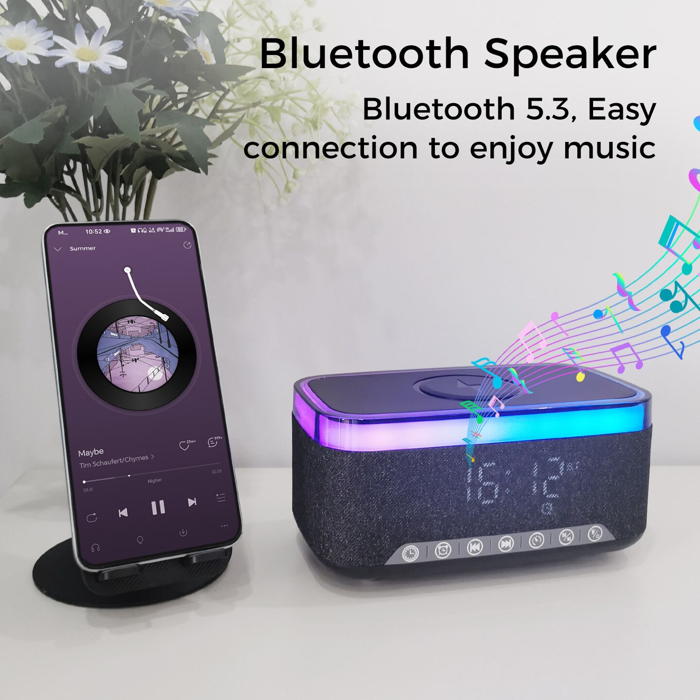 Bluetooth Speaker Alarm Clock w/ 15W Fast Wireless Charging, 13 Night Light modes, Rechargeable Battery, 10W Stereo Speaker, 12/24H Digital Clock, Sleep Timer, White Noise Mode, USB Drive