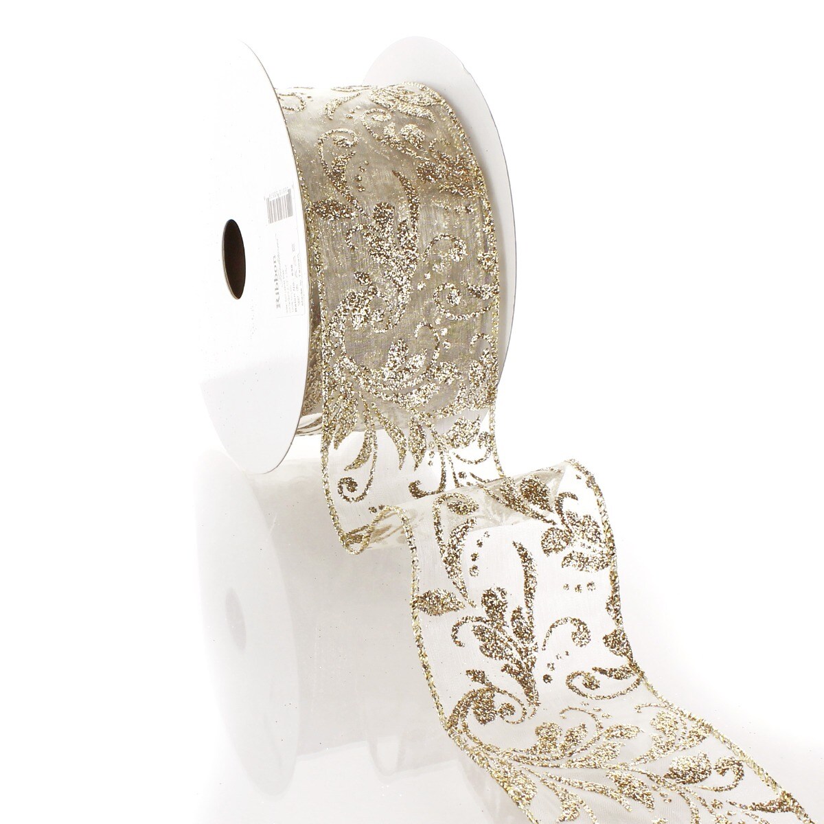 2 1/2&#x22; Wired Ribbon Glitter Swirl Leaves Ivory/Gold Sheer - 10 Yards