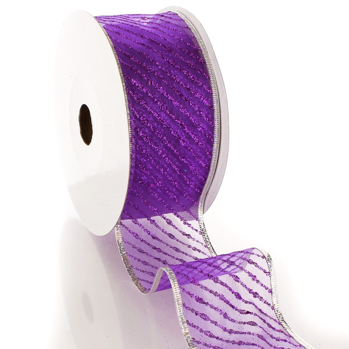 2 1/2" Wired Ribbon Metallic Banded Edge Sheer Diagonal Stripes Purple/Silver - 10 Yards