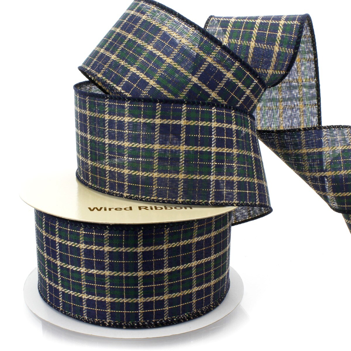 2 1/2&#x22; Wired Ribbon Navy/Emerald Green Tartan Plaid 10 Yards
