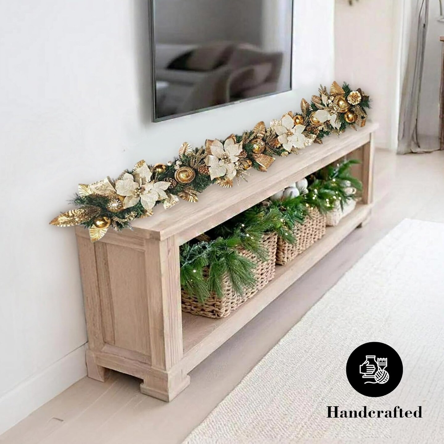 White Gold Poinsettia Garland - Handcrafted Christmas Garland - Holiday Tree