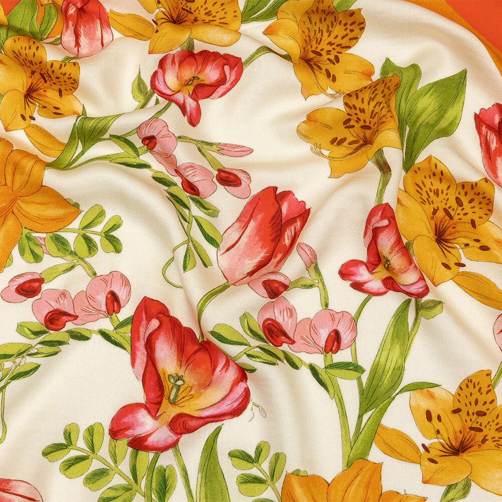 1 Yard Orange Pink Floral Rayon Challis Golden Garden Print Fabric 55 inch Width