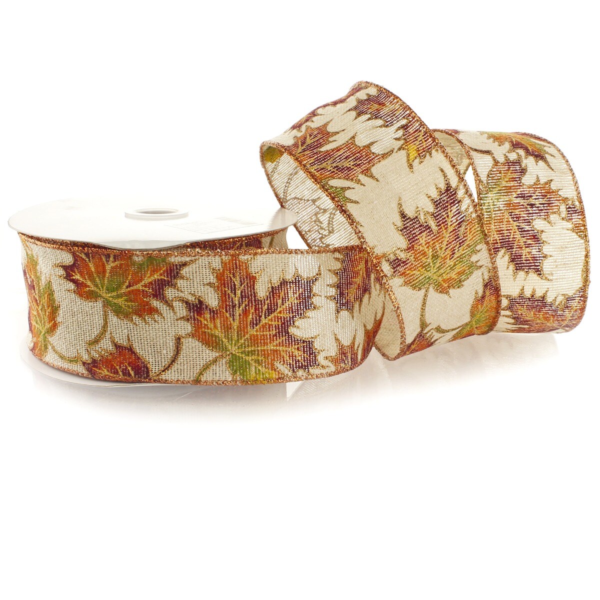 2 1/2&#x22; Wired Ribbon Fall Leaves on Natural Burlap 10 Yards