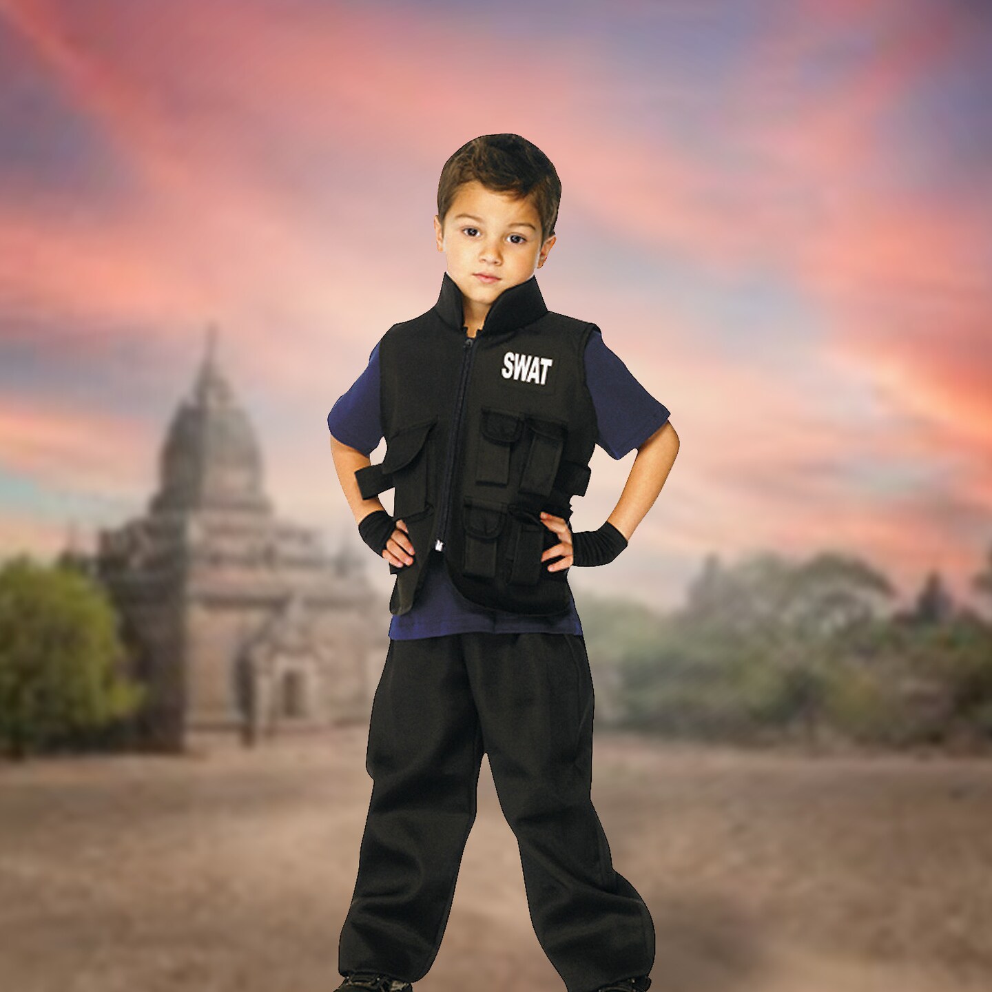 Boy's SWAT Commander Costume Utility Vest Fingerless Gloves Halloween Outfit
