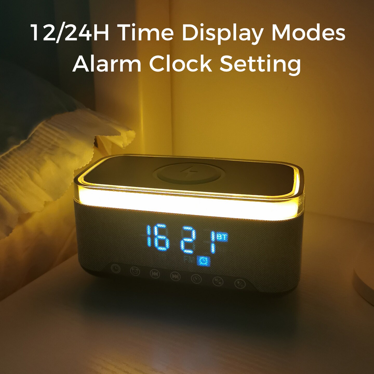 Bluetooth Speaker Alarm Clock w/ 15W Fast Wireless Charging, 13 Night Light modes, Rechargeable Battery, 10W Stereo Speaker, 12/24H Digital Clock, Sleep Timer, White Noise Mode, USB Drive