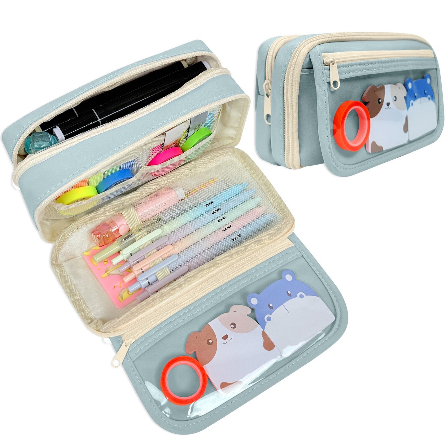 Wrapables 9-Layer Large Capacity Pencil Case with Transparent Compartment, Organizer Pouch for Stationery Tools, Makeup, and Travel, Blue