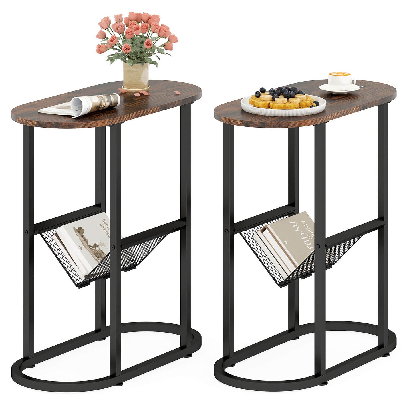 Costway 2 PCS End Table with Faux Marble Tabletop & Magazine Holder Heavy-duty Metal Frame Brown/White
