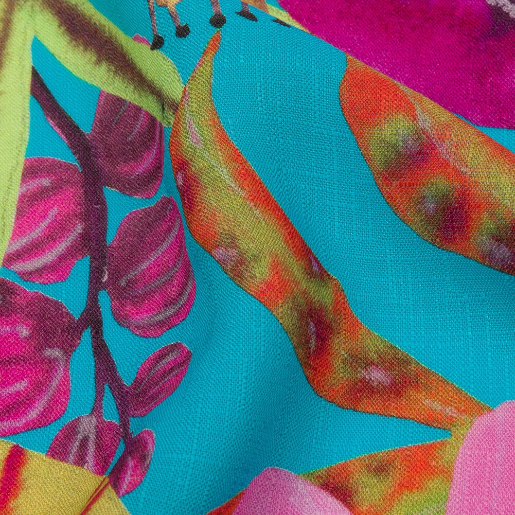 1 Yard Slubbed Viscose Woven Print Turquoise, Pink and Green Floral Fabric 53 Inches Width