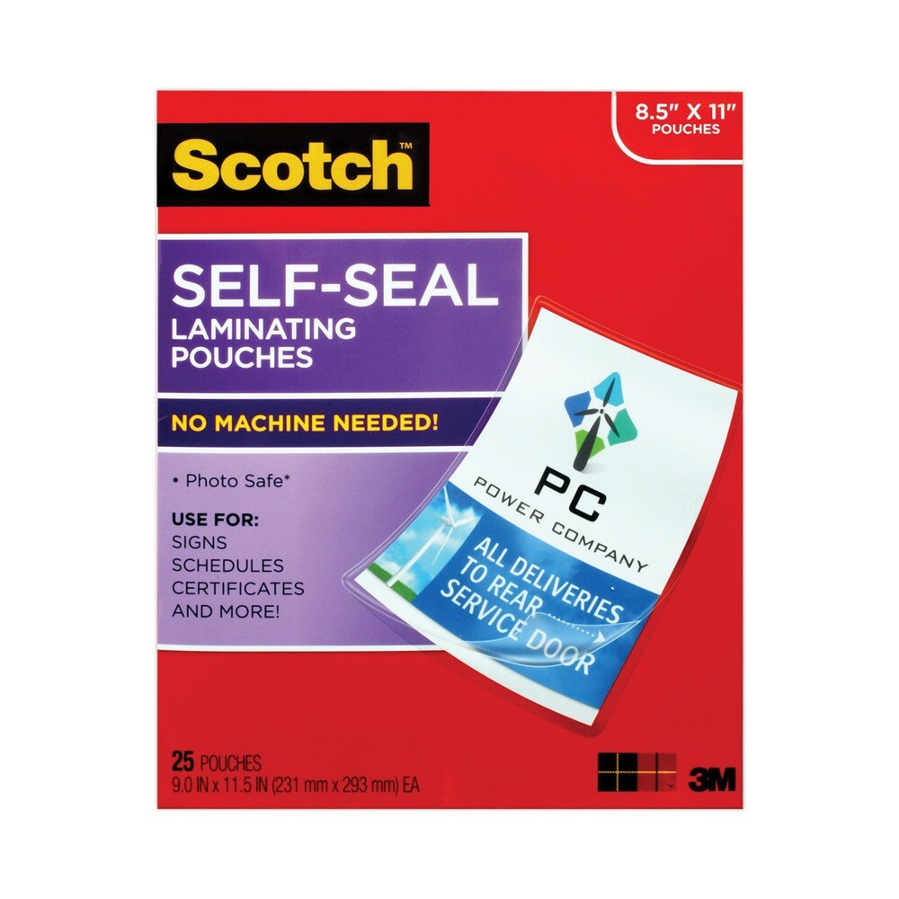 Scotch 9 in. x 11.5 in. 9.5 mil. Self-Sealing Laminating Pouches - Gloss Clear (25/Pack)