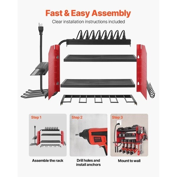 3-Tier Wall Hanging Tool Rack with Built-In 8-Outlet Power Strip and Adjustable Middle Shelf