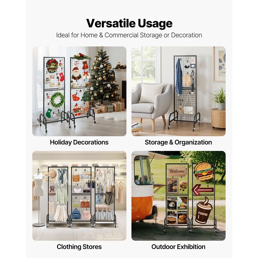 Black Grid Wall Panel 6-Piece Set Heavy-Duty Steel Display Rack Mobile Floor Standing