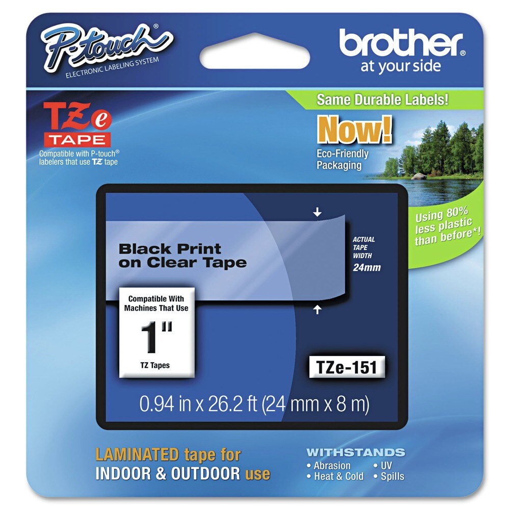 Brother P-Touch TZe 0.94 in. x 26.2 ft. Standard Adhesive Laminated Labeling Tape - Black on Clear