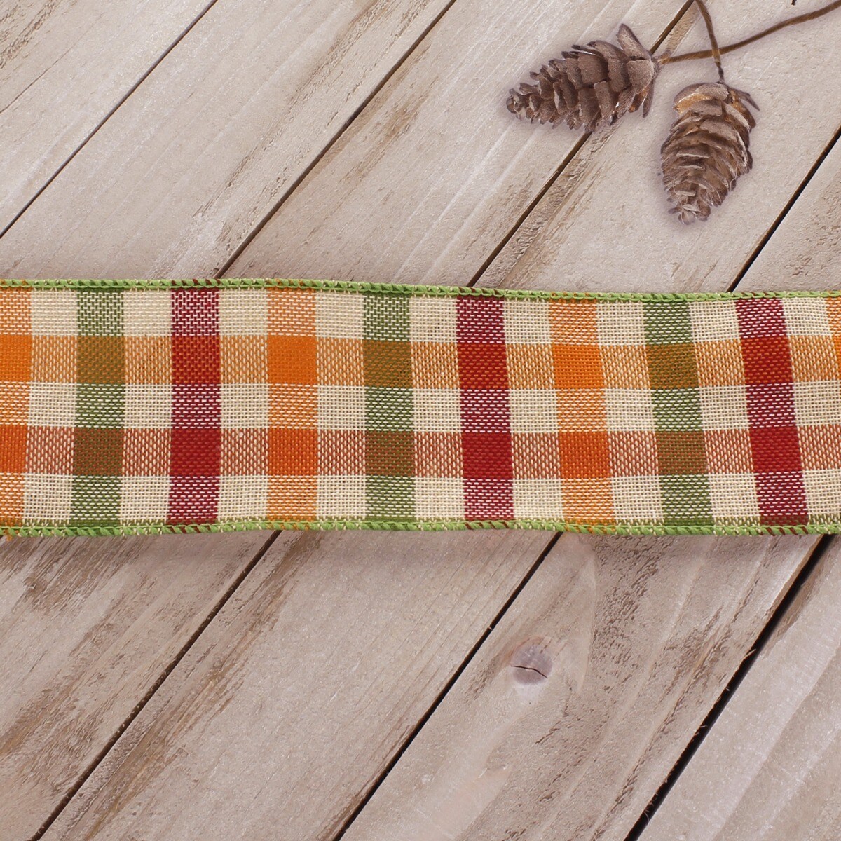 2 1/2" Wired Ribbon Fall Gingham Plaid Orange/Green/Maroon 25 Yards