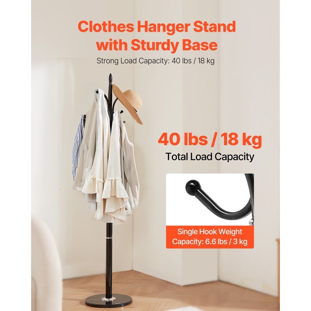 Black Freestanding Carbon Steel Coat Rack with Marble Base and 6 Hooks for Entryway Use