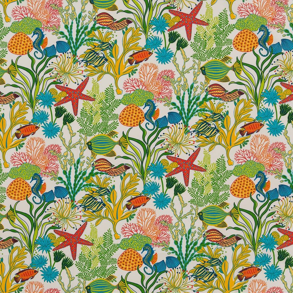 Reef - Blue,Coral & Peach Tropical & Botanical Upholstery Fabric 54 Inches"