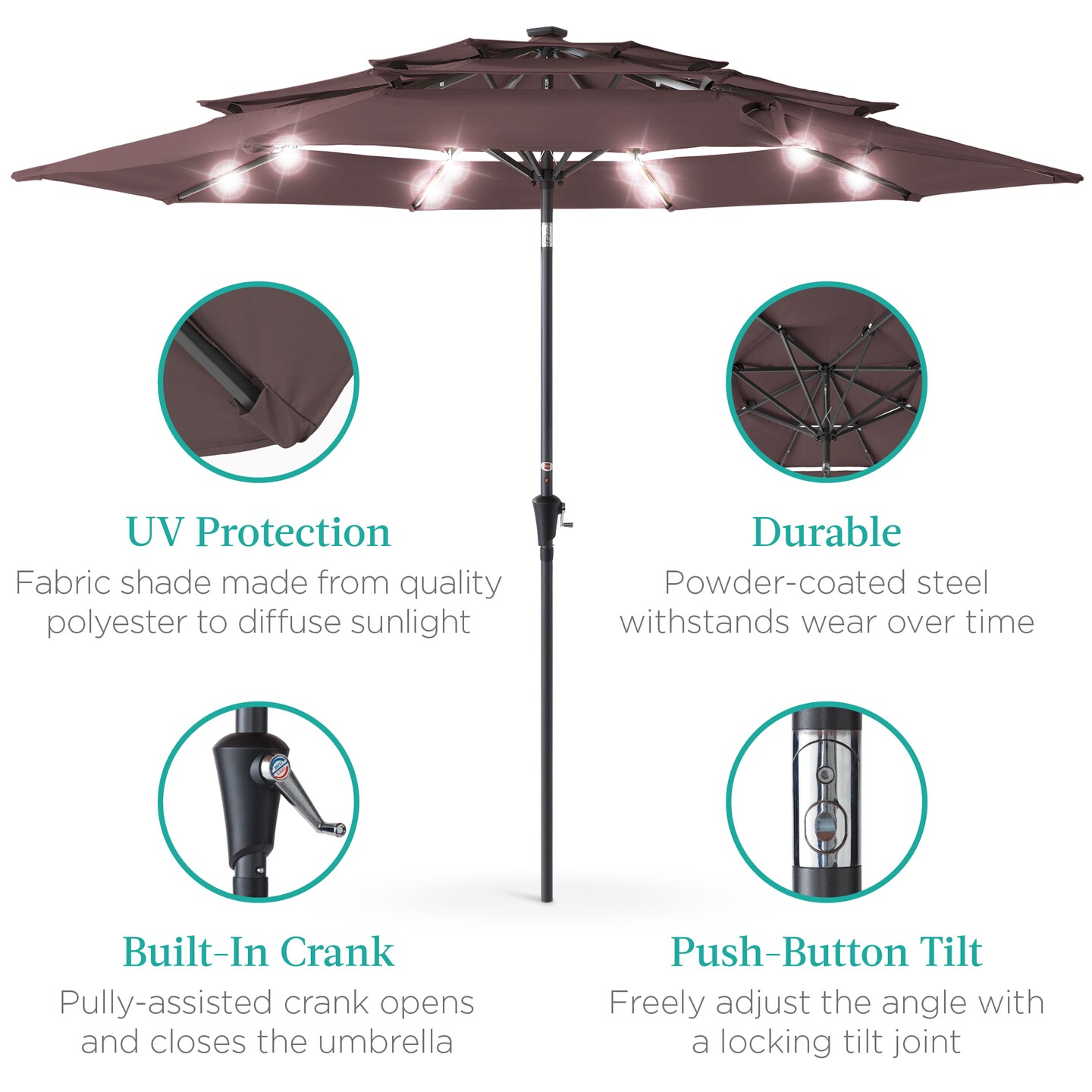 Best Choice Products 10ft 3-Tier Solar Patio Umbrella w/ 24 LED Lights, Tilt Adjustment, Easy Crank