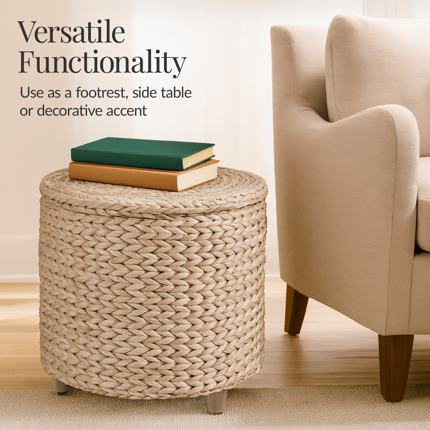 Best Choice Products 17 Round Storage Ottoman with Lid – Handwoven Water Hyacinth Modern Footstool"