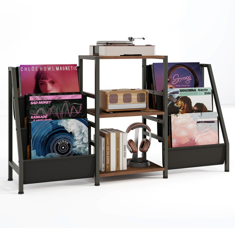 Wooden Record Player Stand with 3 Shelves, Turntable Display for up to 200 Albums, Compact Storage Solution
