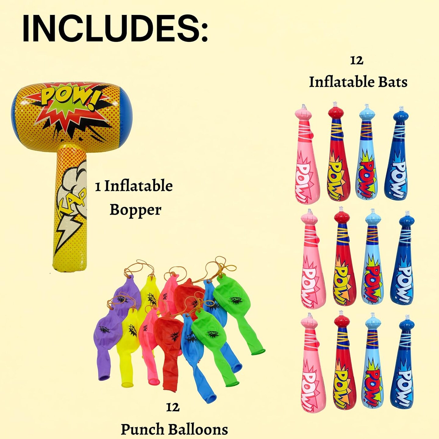 4E's Novelty 25 Piece Set Inflatable Baseball Bats With Pow Design, 12 Punch Balloons For Kids, 1 Huge 30" Bopper For Super Hero Birthday Bat, Carnival Prizes, And Baseball Bat Blow Up Fun, Ages 3+
