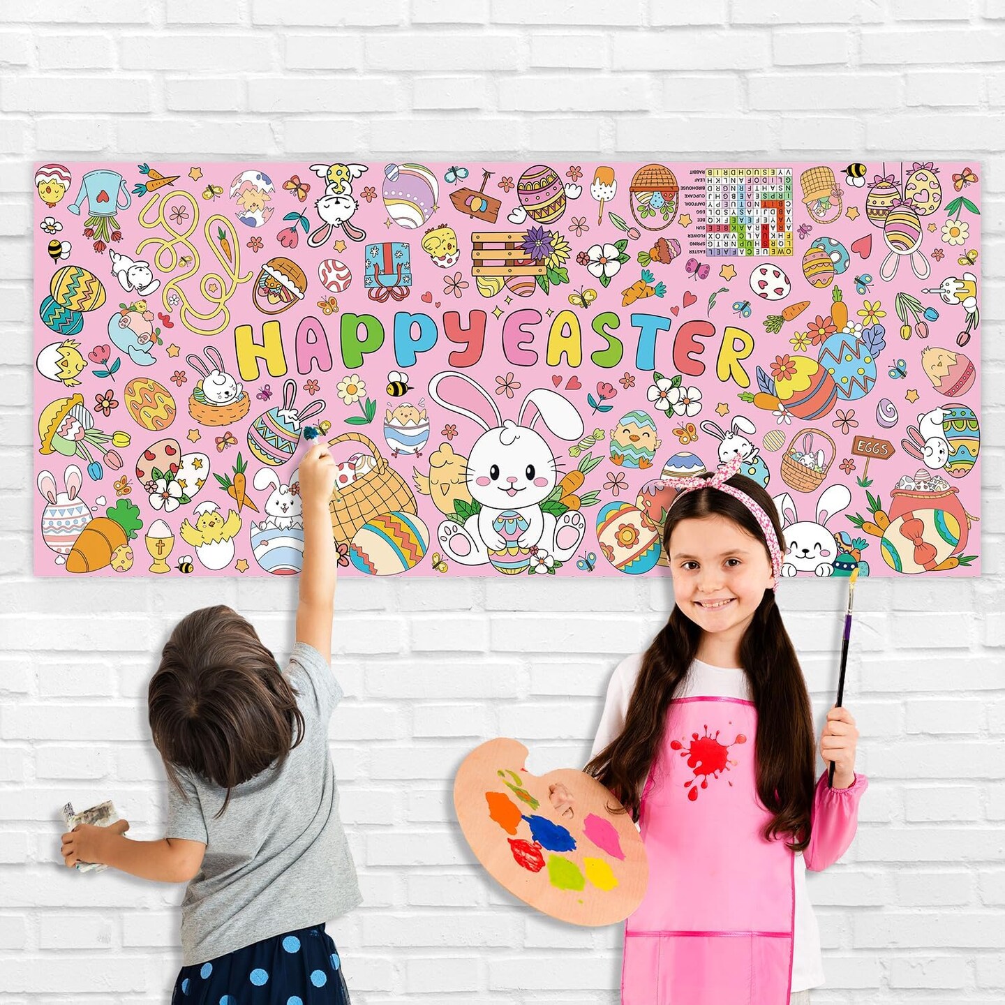 Happy Easter Giant Coloring Poster & Tablecloth – 31 x 72 Inches Jumbo Paper Coloring Banner for Kids' Crafts, Activities, Toys, Parties and Classroom Decor