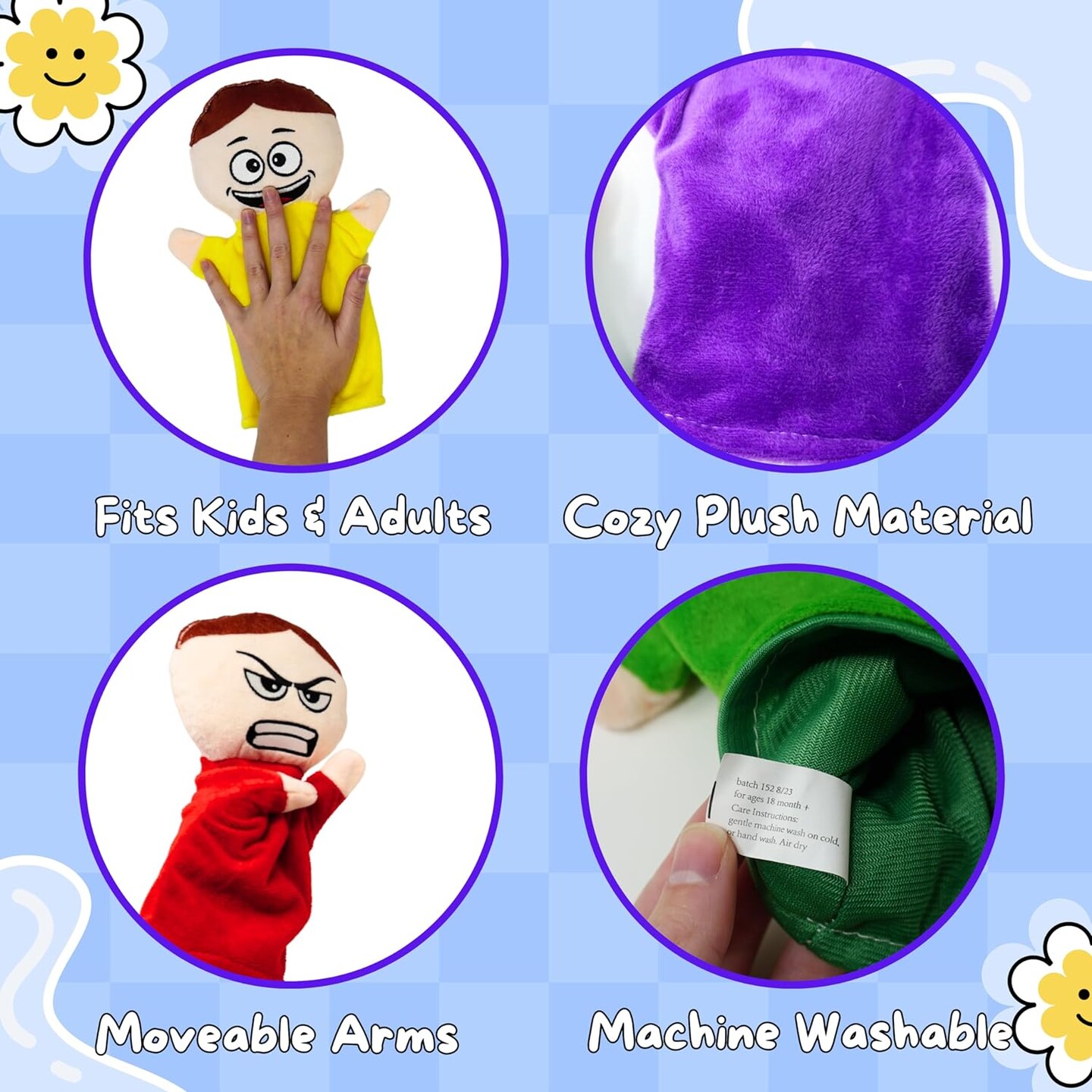 4E&#x27;s Novelty 6 Pack Emotion Hand Puppets for Kids &#x2013; Soft Plush 6 Emotions Hand Puppets for Toddlers 3-8